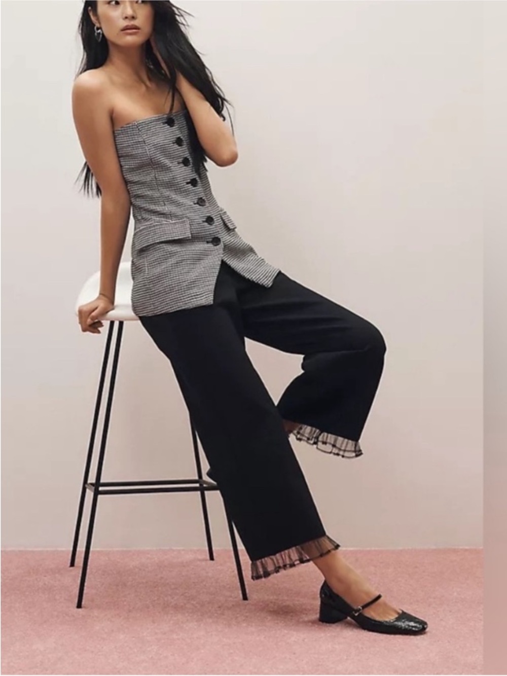 Anthropologie Maeve The Colette Crop Wide Leg Pants Black Ruffle-Hem Size 29 - Picture 2 of 11